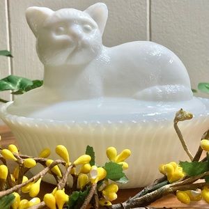 Vintage Milk glass Cat on a Basket